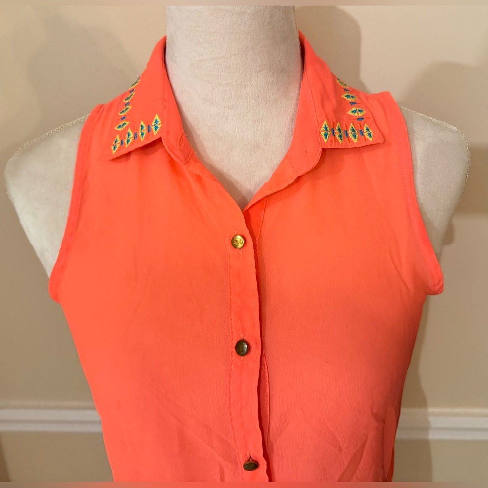 🪸 NEON 90s BONGO bright Coral Embroidered Tie Tank Top Size S